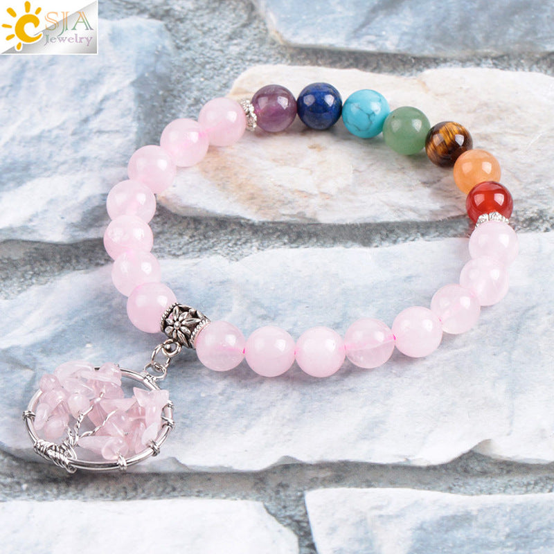 Women's natural colored pink crystal semi-precious stone bead bracelet