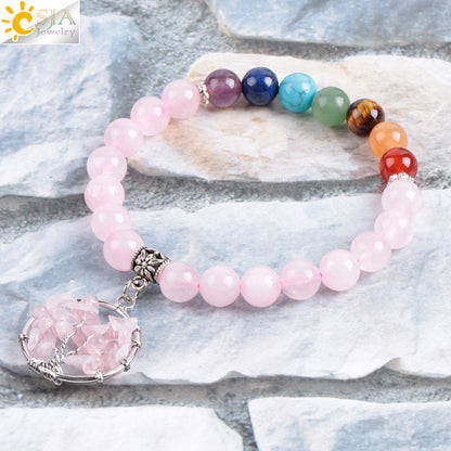 Women's natural colored pink crystal semi-precious stone bead bracelet