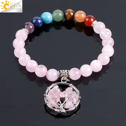 Women's natural colored pink crystal semi-precious stone bead bracelet