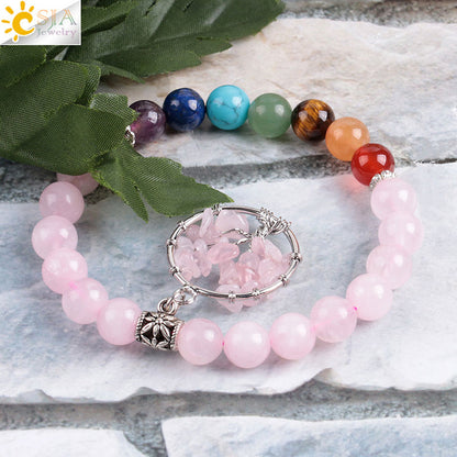Women's natural colored pink crystal semi-precious stone bead bracelet