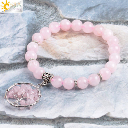 Women's natural colored pink crystal semi-precious stone bead bracelet