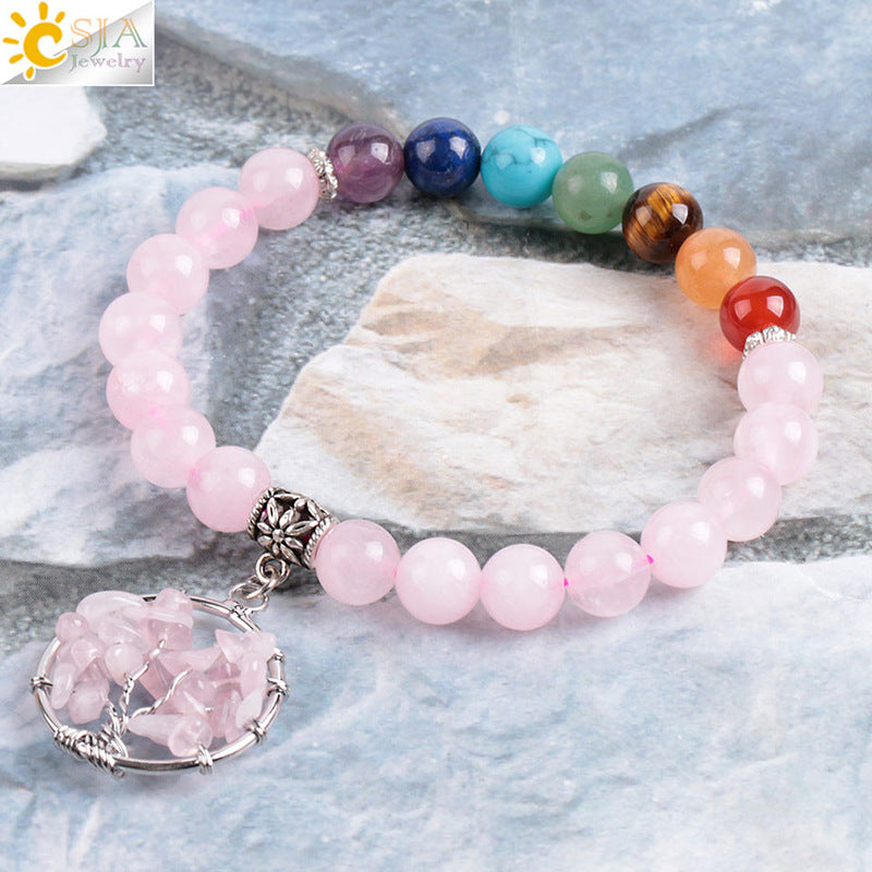 Women's natural colored pink crystal semi-precious stone bead bracelet